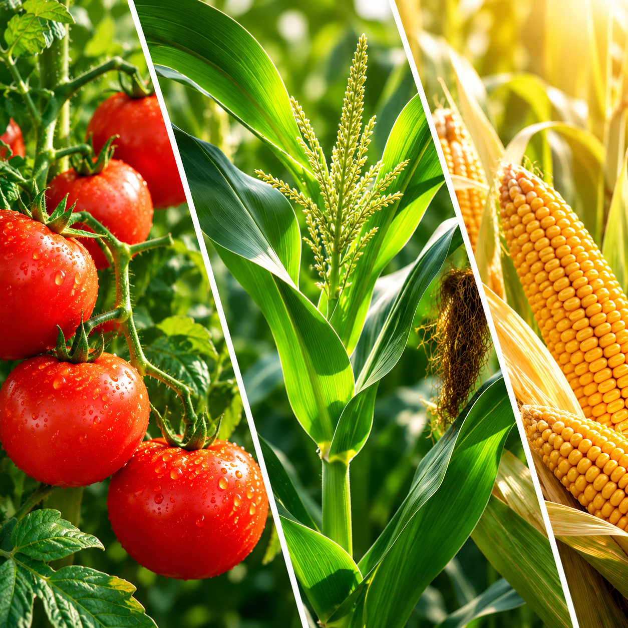 Tomatoes, corn plant, and corn cobs